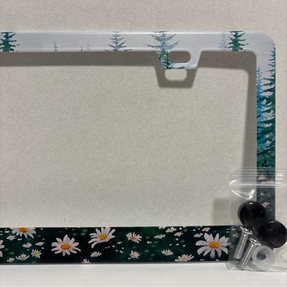 Retro Watercolor Daisies License Plate Frame Misty Flowers and Trees - Picture 3 of 5